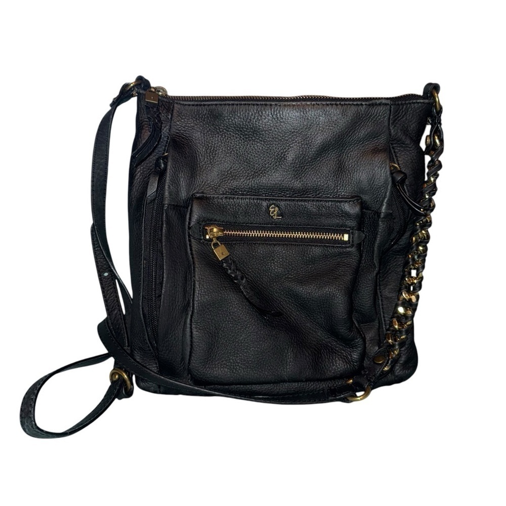 ELLIOTT LUCCA Gwen Black Pebbled Leather Gold Chain Strap Crossbody Bag - Picture 2 of 16